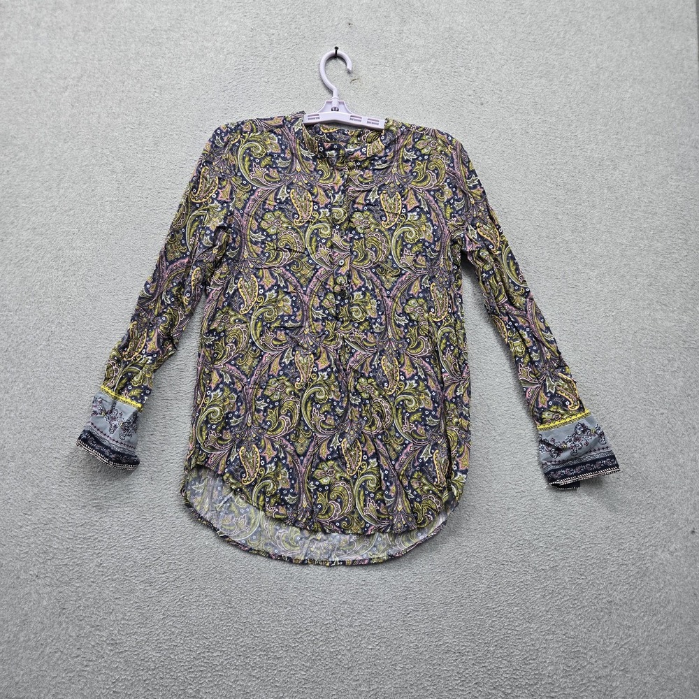 LOFT Women Blouse S Multicolor Paisley Button Round Neck Front Popover